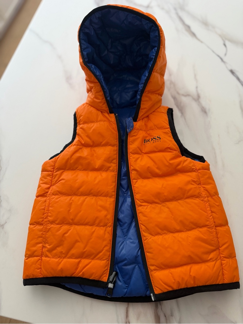 BOSS Kids Orange Hooded Puffer Vest with Blue Lining